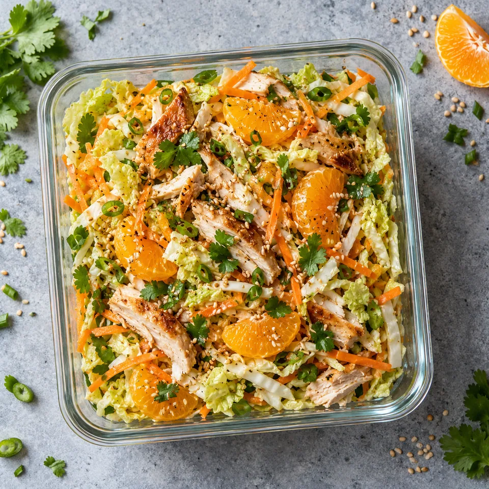 Salade de chou chinois au poulet, sésame et mandarine dans un contenant en verre