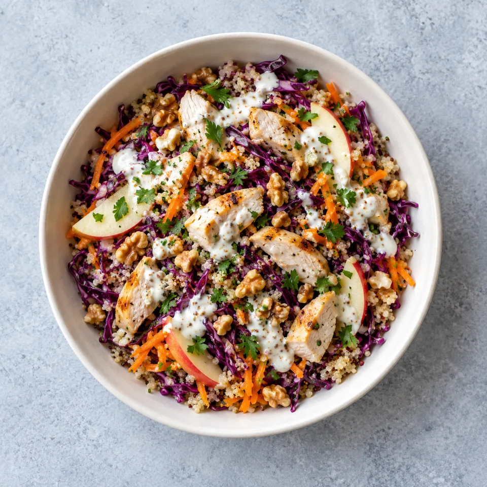 Salade de chou rouge au poulet, avec quinoa, carotte râpée, pomme, sauce au yaourt, persil et noix.