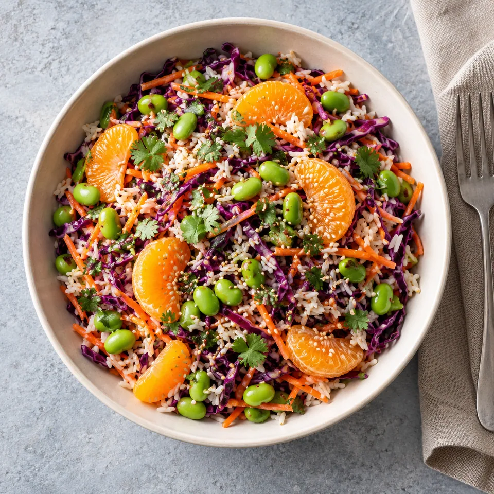 Salade de chou rouge, edamame et clémentines dans un bol blanc cassé, colorée et garnie de sésame.