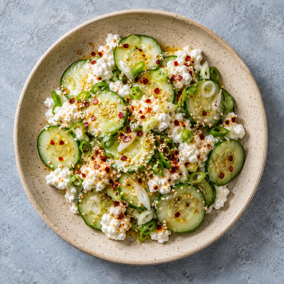 Salade de concombre au cottage cheese pimenté dans une assiette en grès beige, garnie de graines et flocons rouges.
