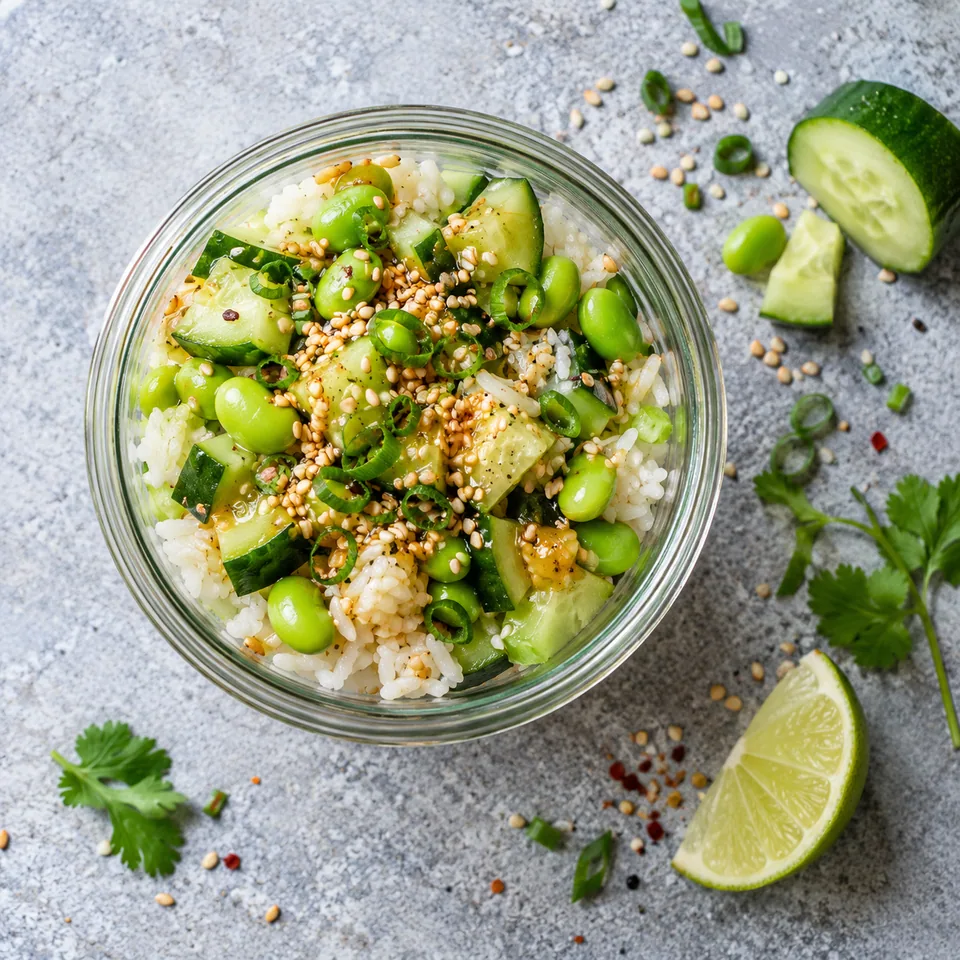 Verrine de riz, edamame et concombre assaisonné, garni de sésame doré et oignons verts.