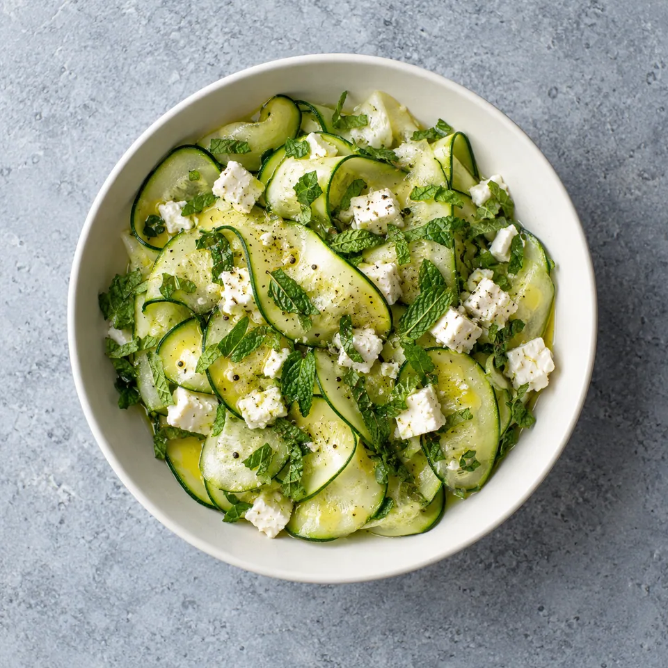 Salade de courgettes à la menthe : lamelles de courgette, dés de feta et menthe dans un bol.