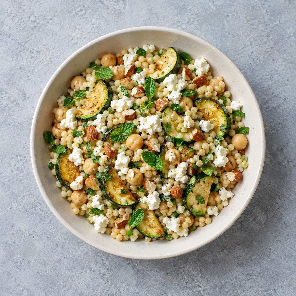 Salade de couscous perlé avec courgette dorée, pois chiches, feta, amandes concassées et menthe ciselée.