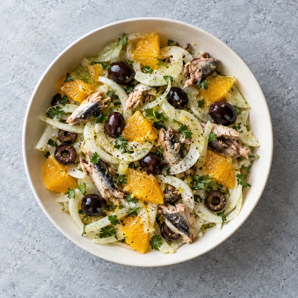 Salade de fenouil, orange et sardines dans un bol, avec olives noires et persil parsemés.