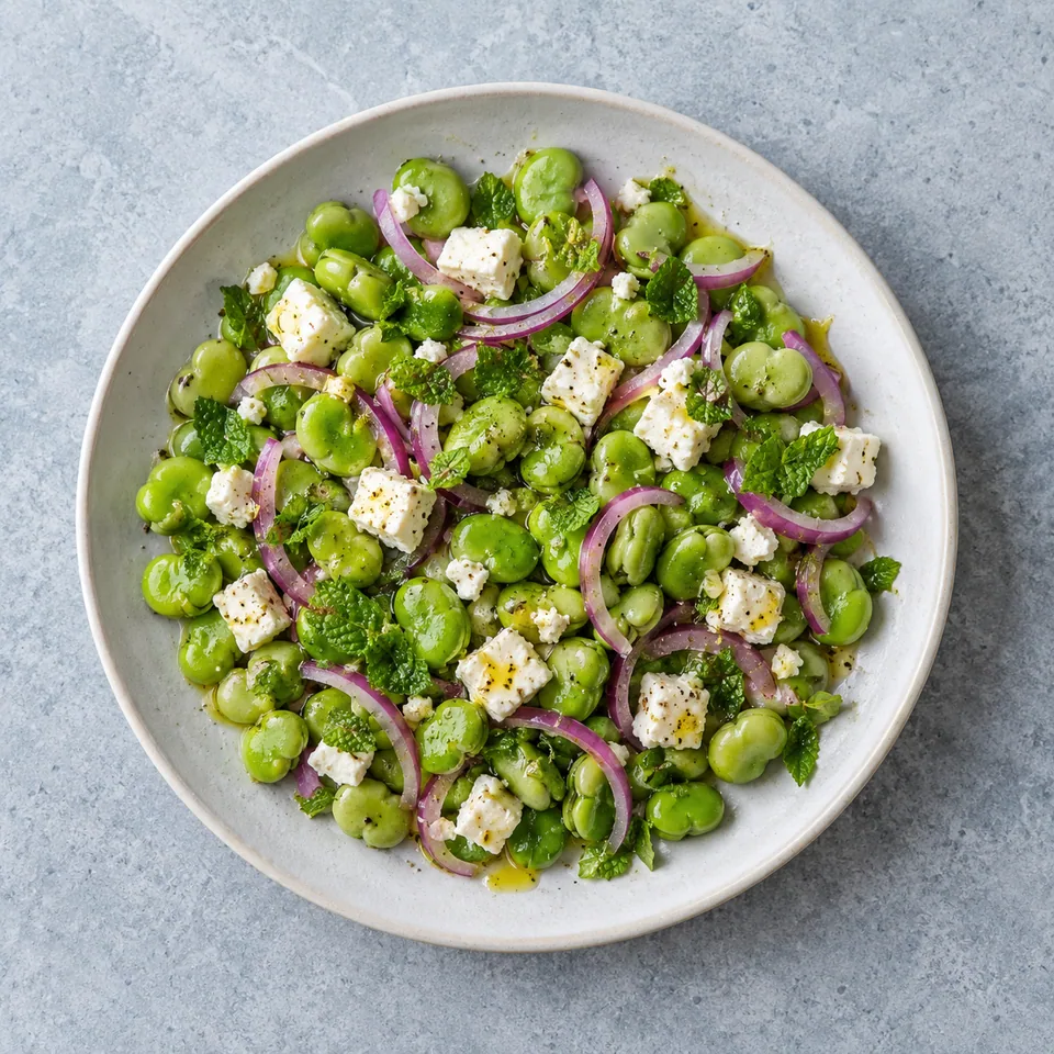 Salade de fèves à la feta et à la menthe : fèves vertes, feta blanche, oignon rouge et menthe dans une assiette.