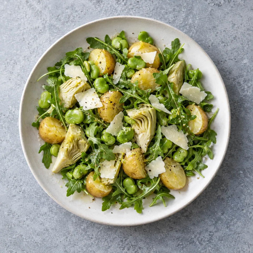 Salade de fèves, artichauts et pommes de terre : légumes mélangés sur roquette, garnis de copeaux de fromage.