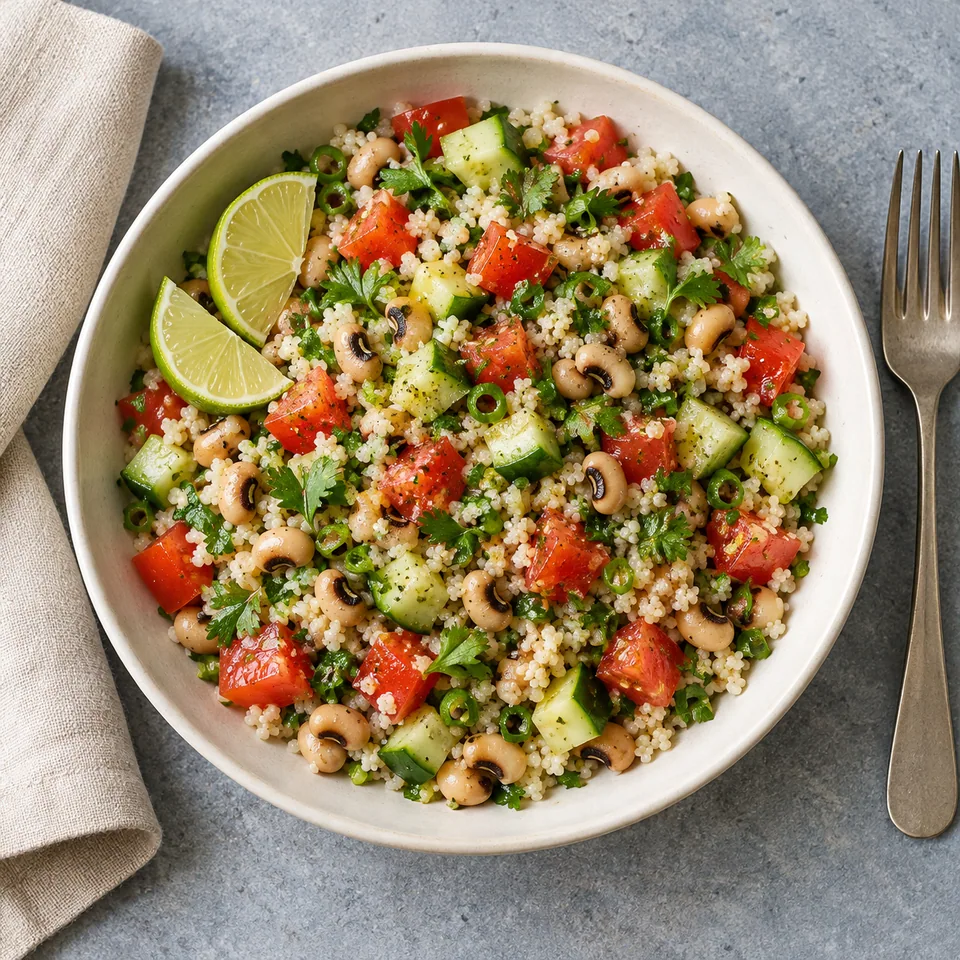 Salade de fonio, niébé, tomates et citron vert dans un bol blanc cassé, avec des dés de légumes colorés.