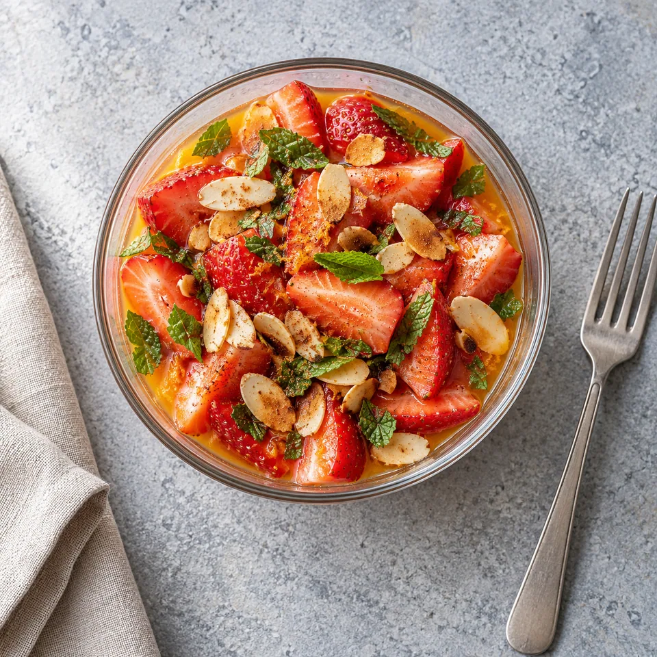 Salade de fraises à la menthe et cannelle dans une verrine : quartiers de fraises rouges, jus d'orange, menthe verte et amandes grillées dorées.