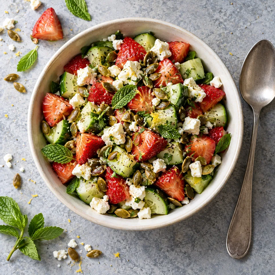 Salade de fraises, concombre et feta dans un bol blanc cassé, avec dés rouges, verts et blancs, graines dorées et menthe.