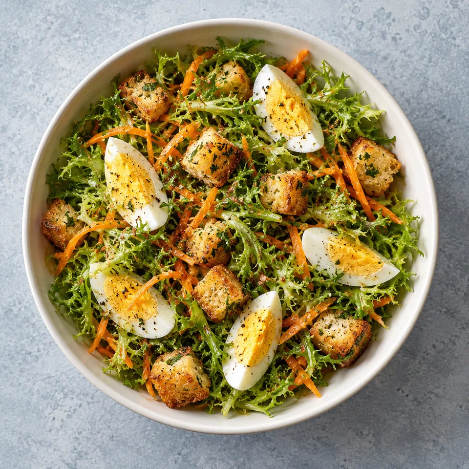 Salade de frisée, œufs durs et croûtons à l’ail dans un bol blanc cassé