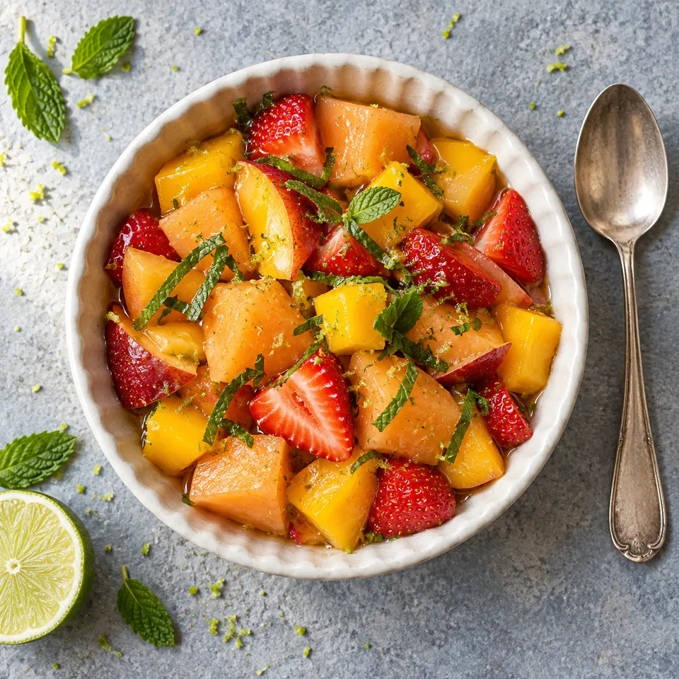 Salade de fruits d’été au citron vert dans un ramequin blanc cassé, melon, pêches, mangue, fraises et menthe.