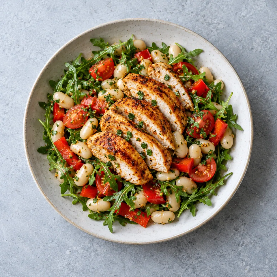 Salade de haricots blancs au poulet, avec roquette, tomates, poivron rouge, haricots et lanières de poulet grillé.