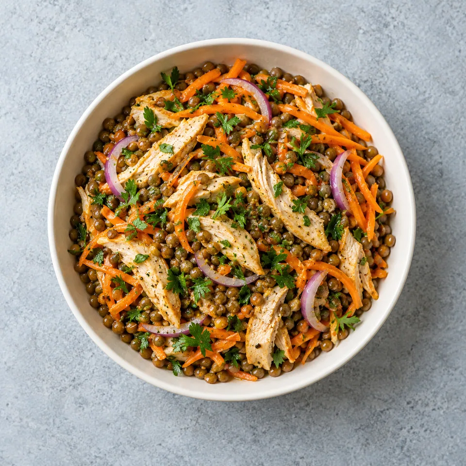 Salade de lentilles au poulet et carottes, avec poulet en lanières, carottes râpées, oignon rouge et persil dans un bol.