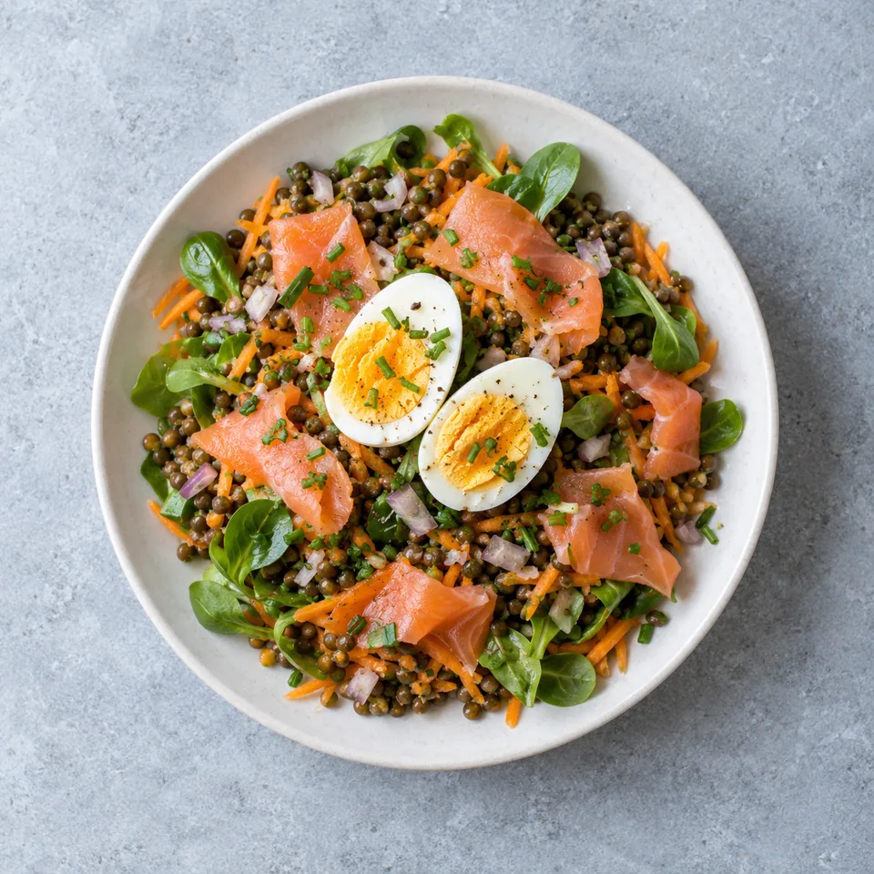 Salade de lentilles au saumon fumé, avec carottes râpées, mâche, saumon rose et un œuf dur coupé en deux.
