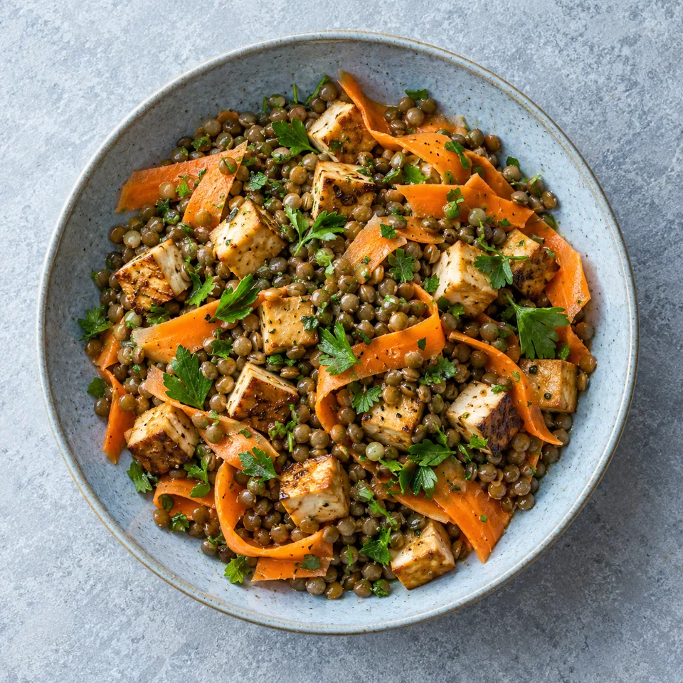 Salade de lentilles, tofu fumé et carottes râpées dans une assiette creuse bleu-gris, garnie de persil.