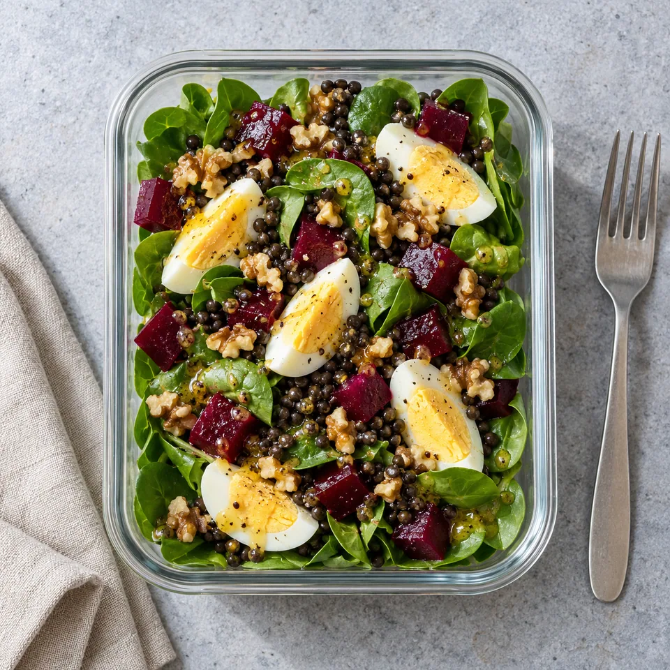 Salade de mâche, betterave et œufs durs dans un contenant en verre, parsemée de noix et nappée de vinaigrette.