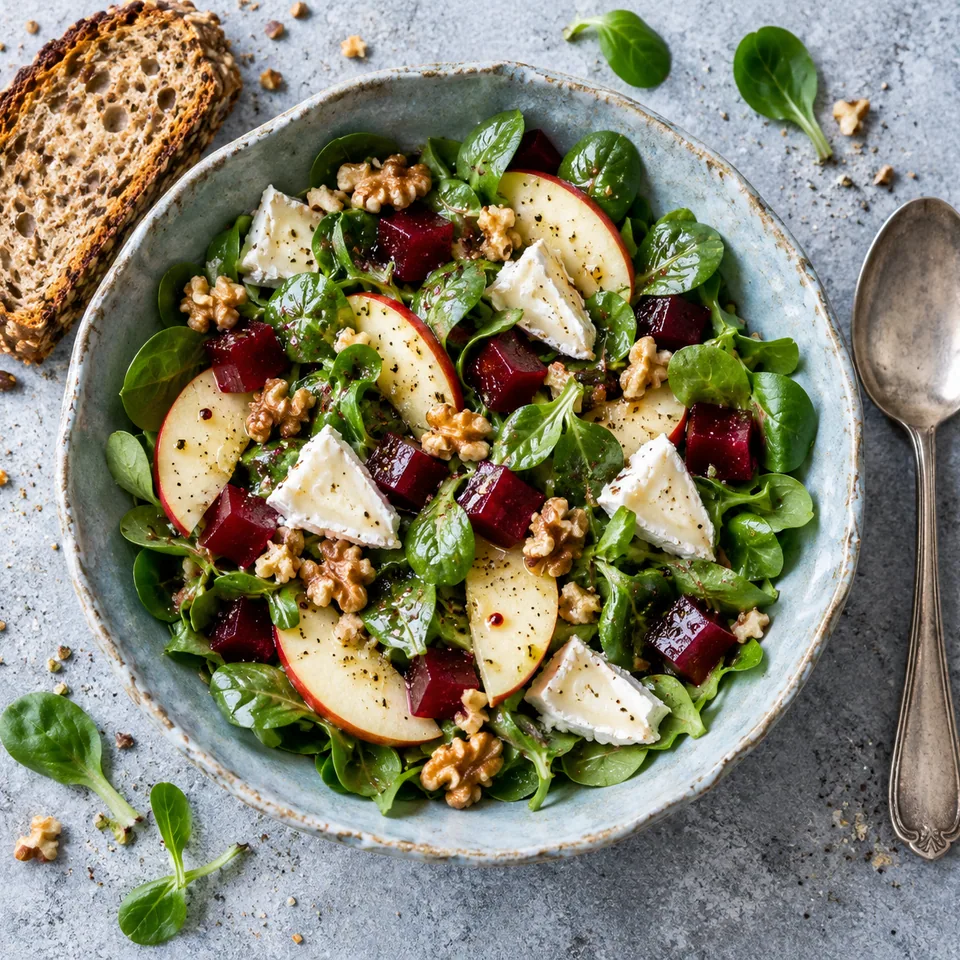 Salade de mâche, pomme, chèvre et noix dans un bol bleu-gris, avec betterave rouge, noix et pain aux céréales.