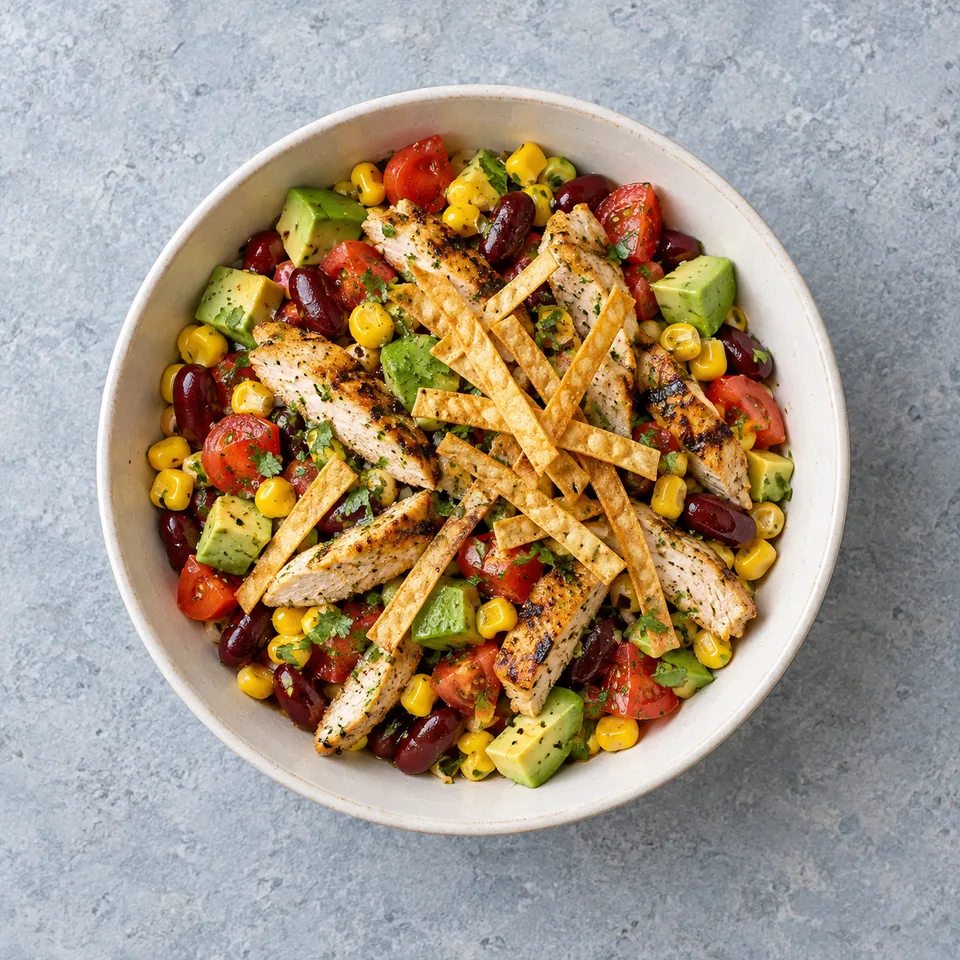 Salade de maïs, poulet et haricots rouges en bol, avec tomates, avocat, poulet grillé et tortilla dorée.