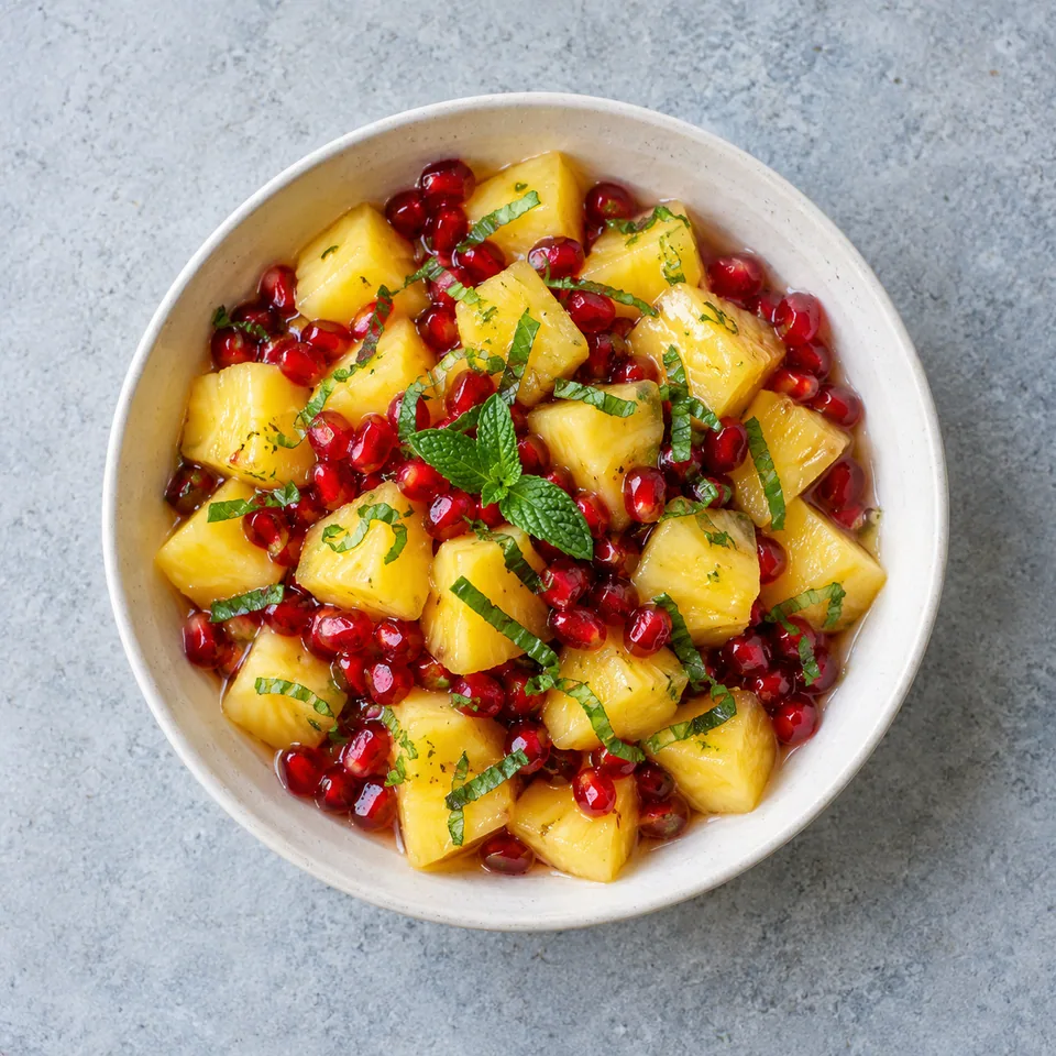 Salade d’ananas et de grenade : cubes d'ananas et arilles de grenade dans un bol, parsemés de menthe.
