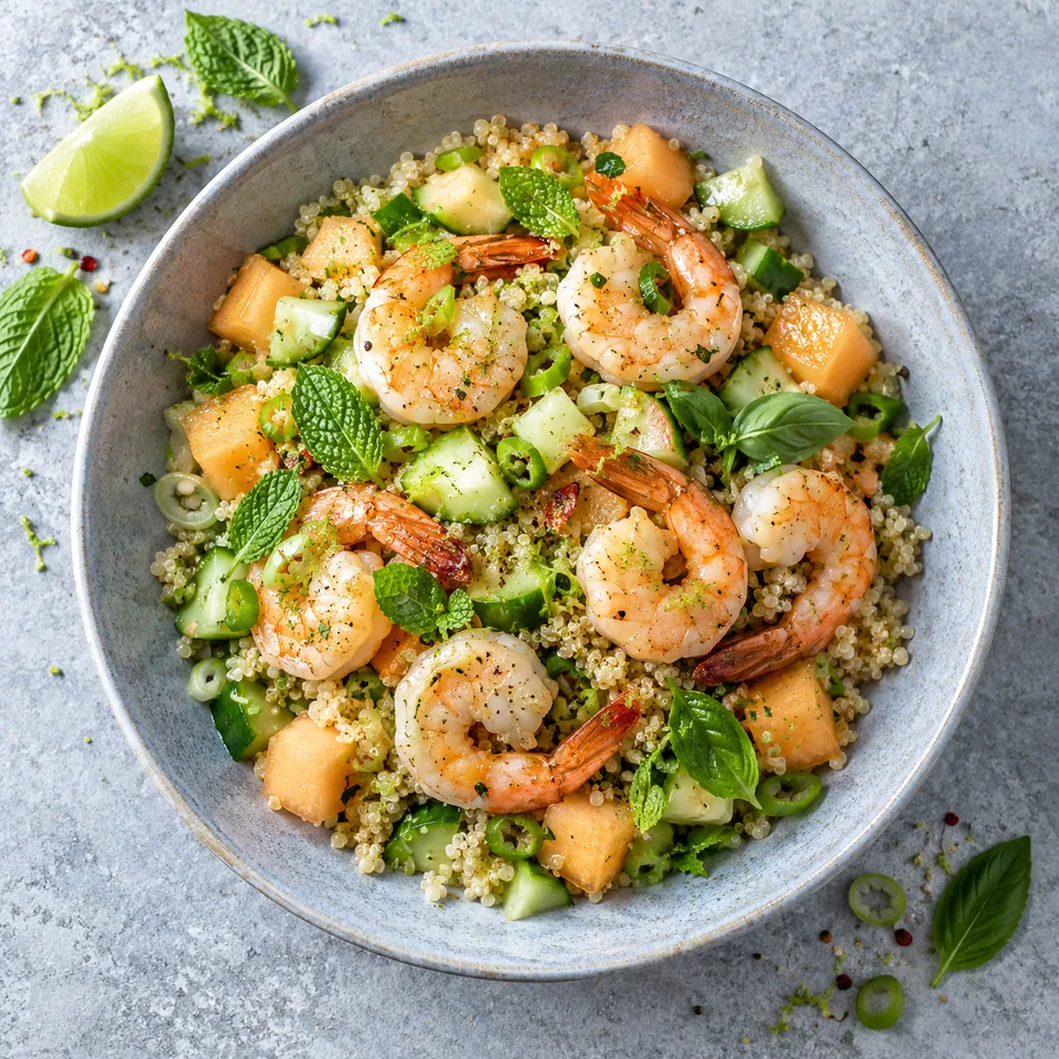 Salade de melon et crevettes au citron vert dans une assiette creuse bleu-gris pâle, avec quinoa, dés verts et crevettes roses.