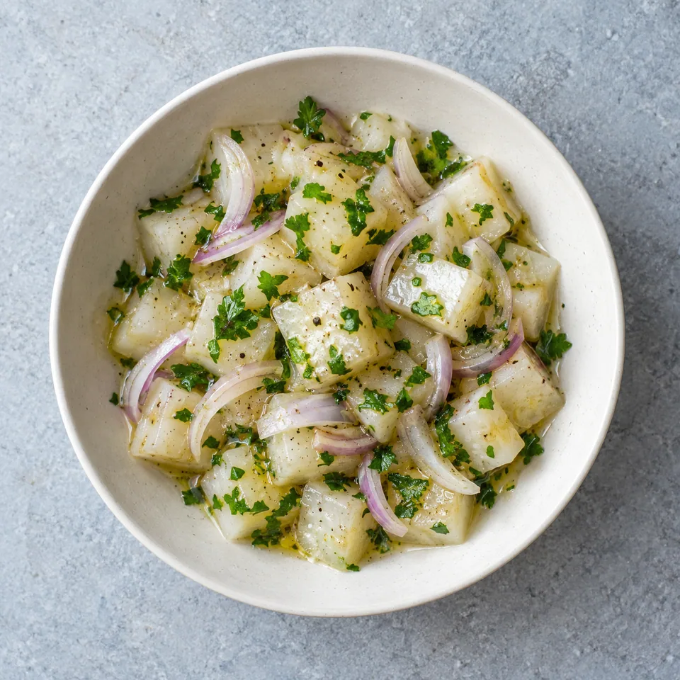Salade de navets en dés avec échalote et persil dans un bol