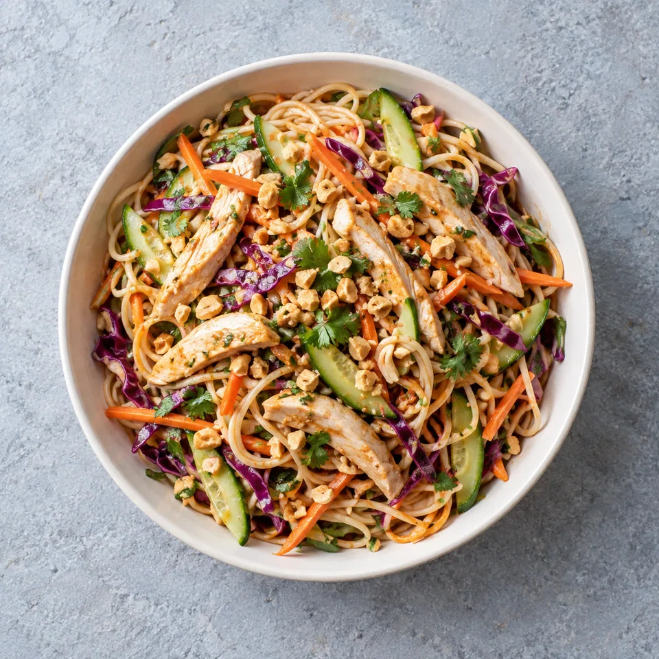 Salade de nouilles au poulet : nouilles, poulet, carotte, concombre, chou rouge et cacahuètes enrobés de sauce.