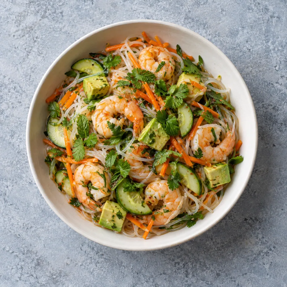 Salade de nouilles aux crevettes : nouilles, crevettes roses, concombre, carotte, avocat et herbes dans un bol.