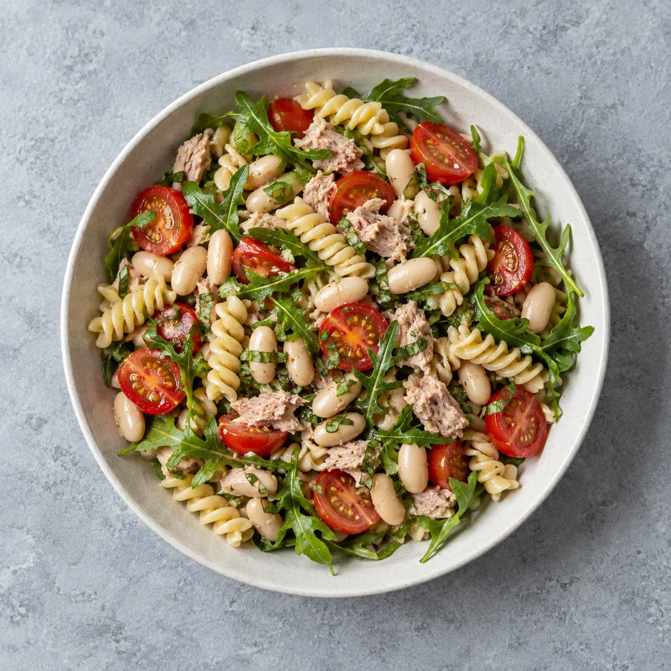 Salade de pâtes aux haricots blancs et au thon, avec tomates cerises rouges coupées en deux, roquette et basilic ciselé.