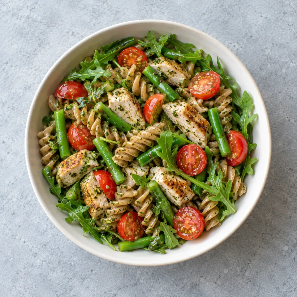 Salade de pâtes au poulet et au pesto, en bol, avec tomates cerises rouges, haricots verts en tronçons et roquette.