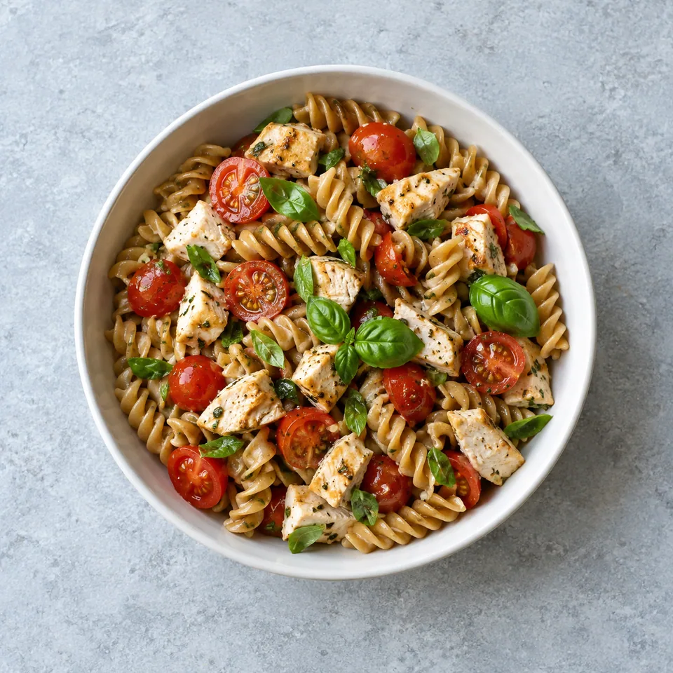 Salade de pâtes au poulet et basilic, avec pâtes complètes, morceaux de poulet, tomates cerises et feuilles de basilic.