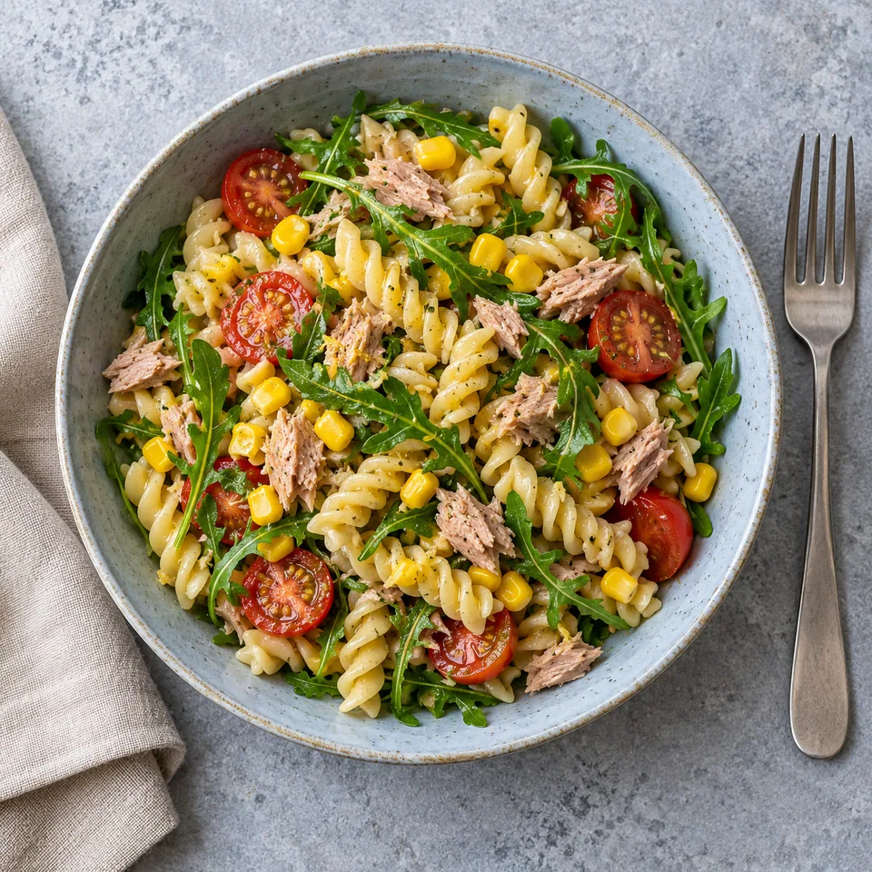 Salade de pâtes au thon et roquette dans une assiette creuse bleu-gris, avec tomates cerises et maïs.