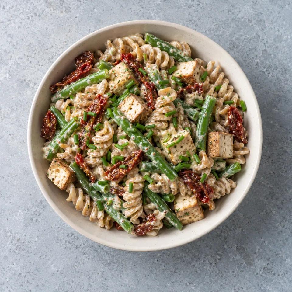 Salade de pâtes au tofu fumé : pâtes, haricots verts, tofu et tomates séchées nappés d’une sauce crémeuse, parsemés de ciboulette.