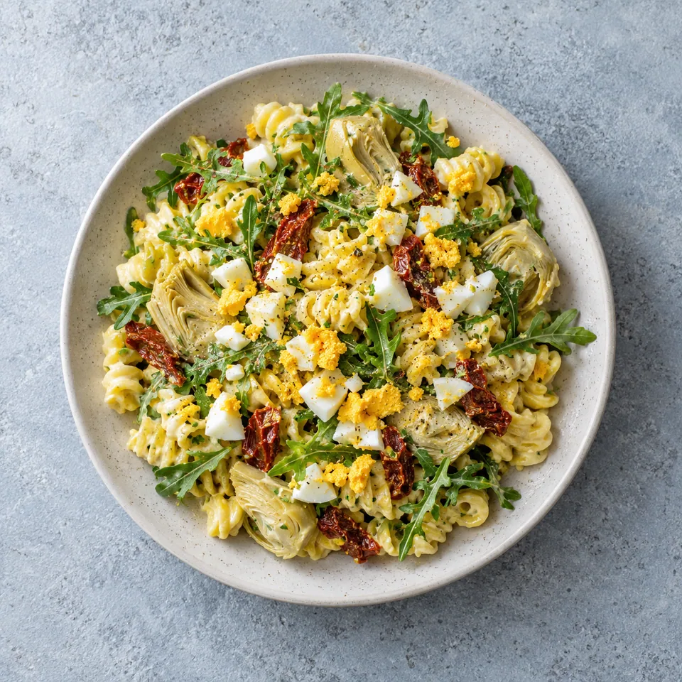 Salade de pâtes aux artichauts et œufs mimosa, avec tomates séchées, roquette et blancs d’œufs hachés.