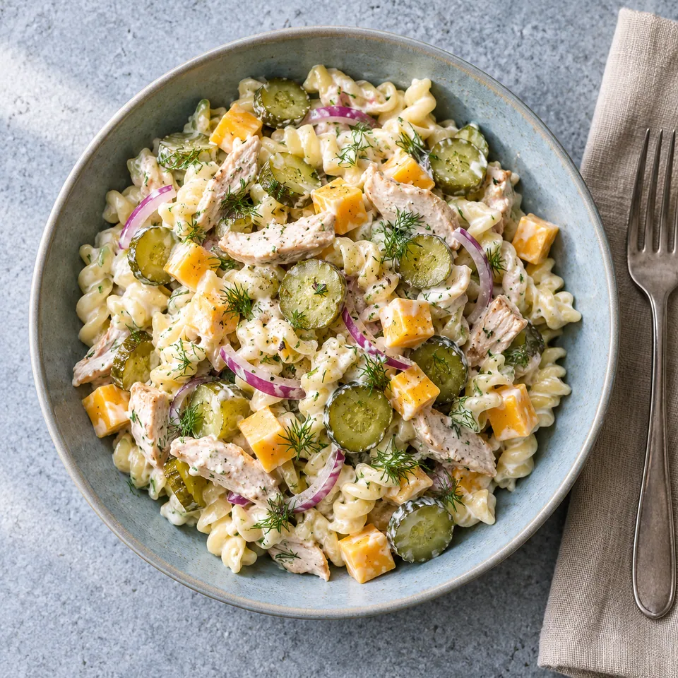 Assiette creuse bleu-gris contenant une salade de pâtes crémeuse au poulet, cheddar, cornichons et aneth.