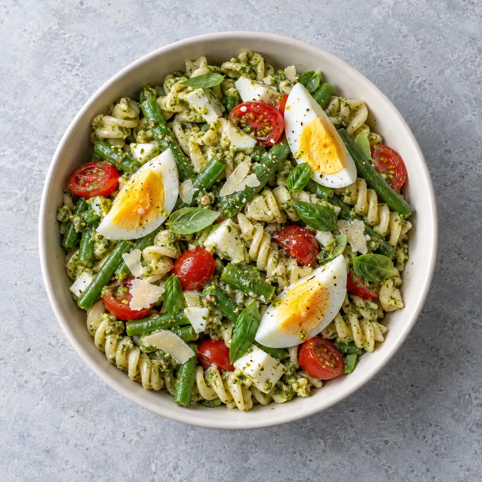 Salade de pâtes aux œufs et pesto : pâtes vertes, haricots, tomates rouges et quartiers d’œufs durs dans un bol.