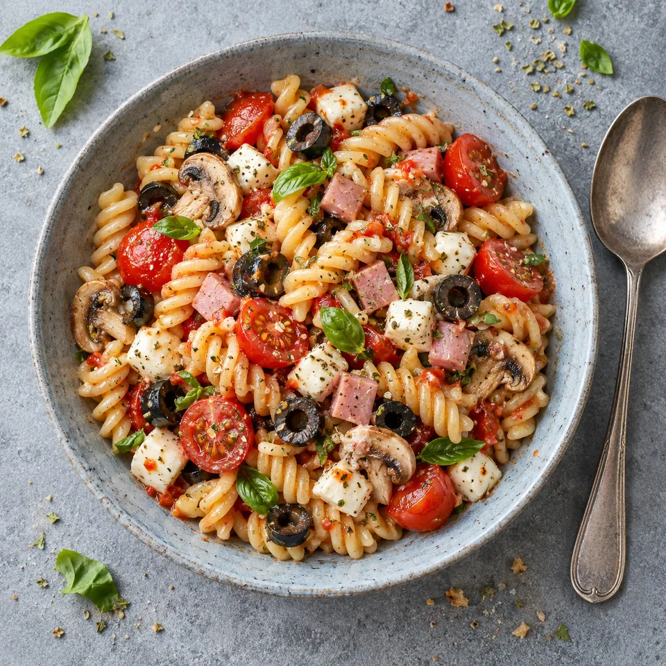 Salade de pâtes façon pizza avec mozzarella, jambon, tomates cerises et olives noires dans une assiette creuse.