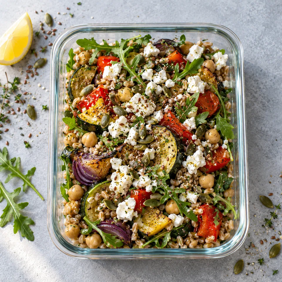Salade de petit épeautre, légumes rôtis et feta dans un contenant en verre : grains, légumes dorés, feta blanche et graines vertes.