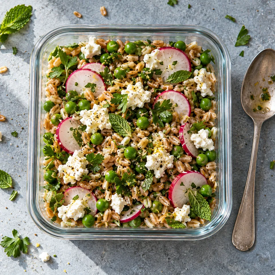 Salade de petit épeautre, pois, radis et chèvre dans un contenant en verre, avec grains, légumes frais et fromage blanc.