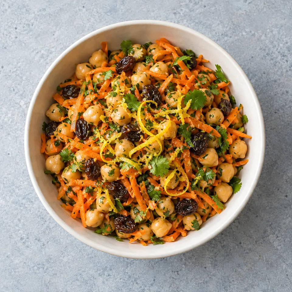 Salade de pois chiches à la marocaine : pois chiches, carottes râpées, raisins secs et coriandre dans un bol.