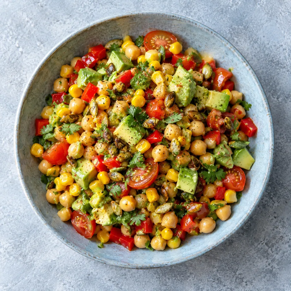Salade de pois chiches mexicaine avec maïs, poivron, avocat et graines de courge sur assiette bleue.