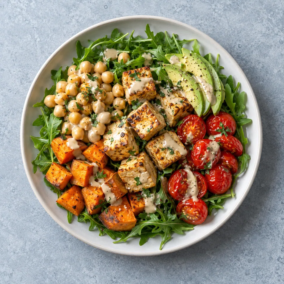 Salade de pois chiches au tofu grillé, roquette, patate douce orange, tomates rôties et avocat, nappée de sauce beige.