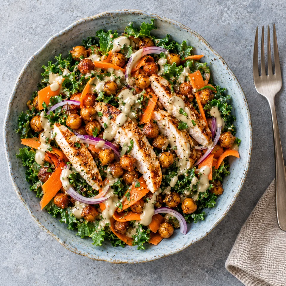 Salade de pois chiches rôtis, poulet et kale dans un bol bleu-gris, sauce tahini, carottes et oignons rouges visibles.