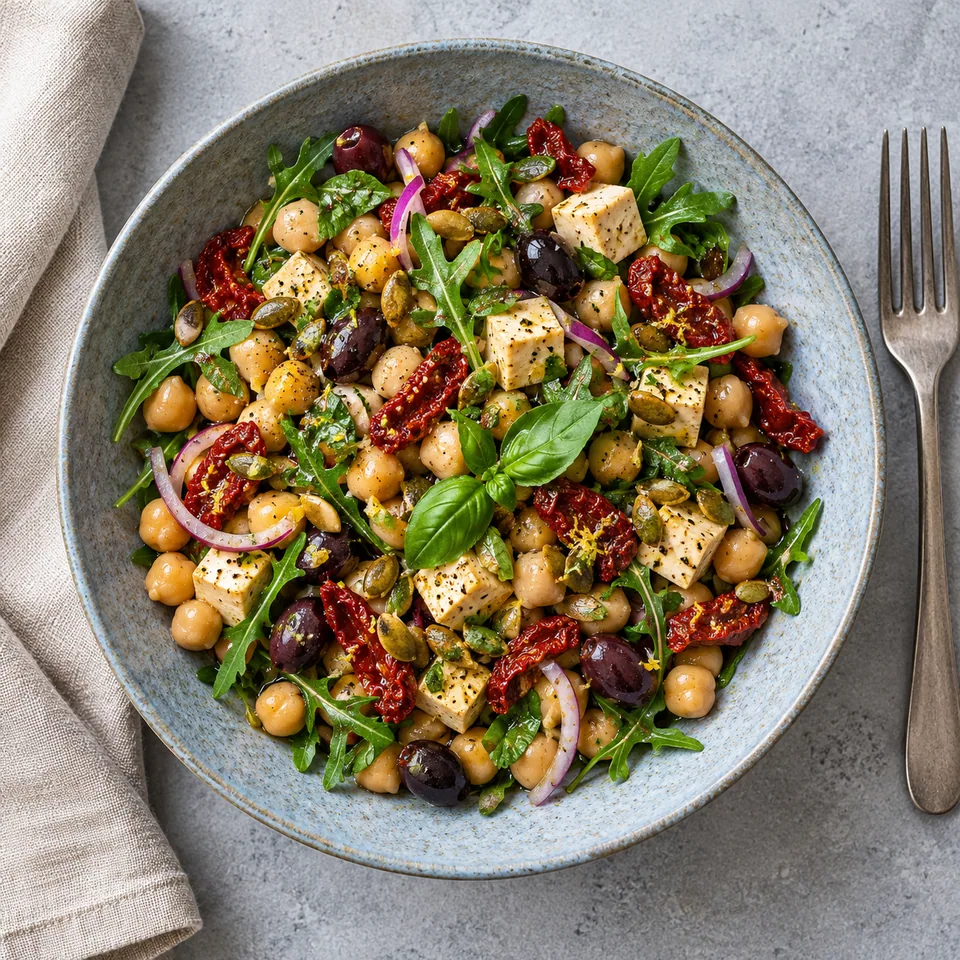 Salade de pois chiches, tomates séchées et olives dans une assiette creuse bleu-gris, garnie de tofu, roquette et graines.