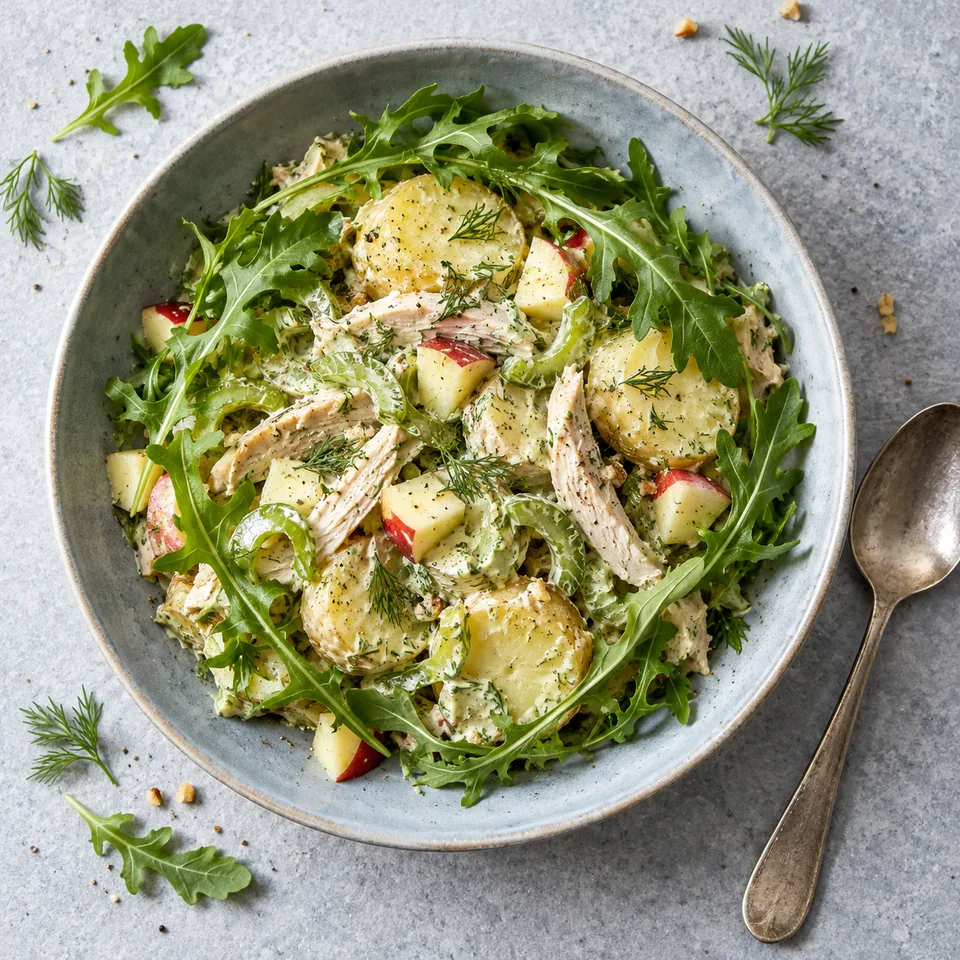 Salade de pommes de terre à la dinde, pomme et céleri dans une assiette creuse bleu-gris, garnie de roquette.