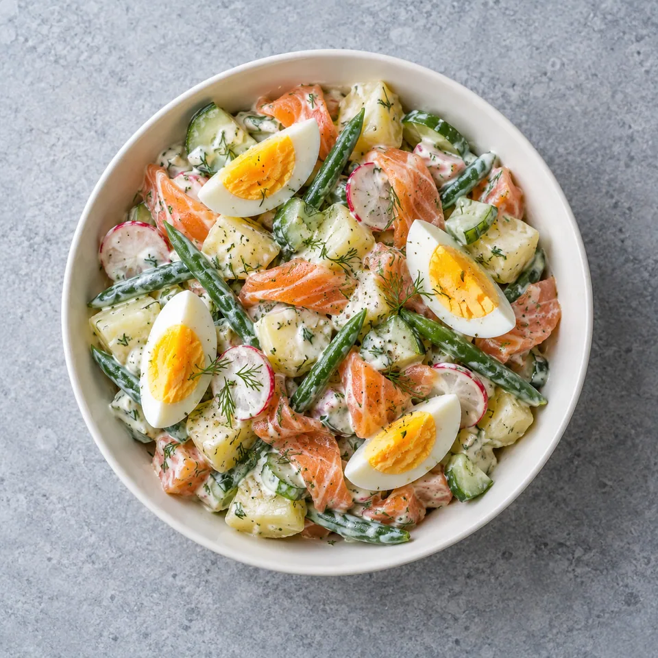 Salade de pommes de terre au saumon : bol garni de légumes, saumon fumé et quartiers d’œuf dur.