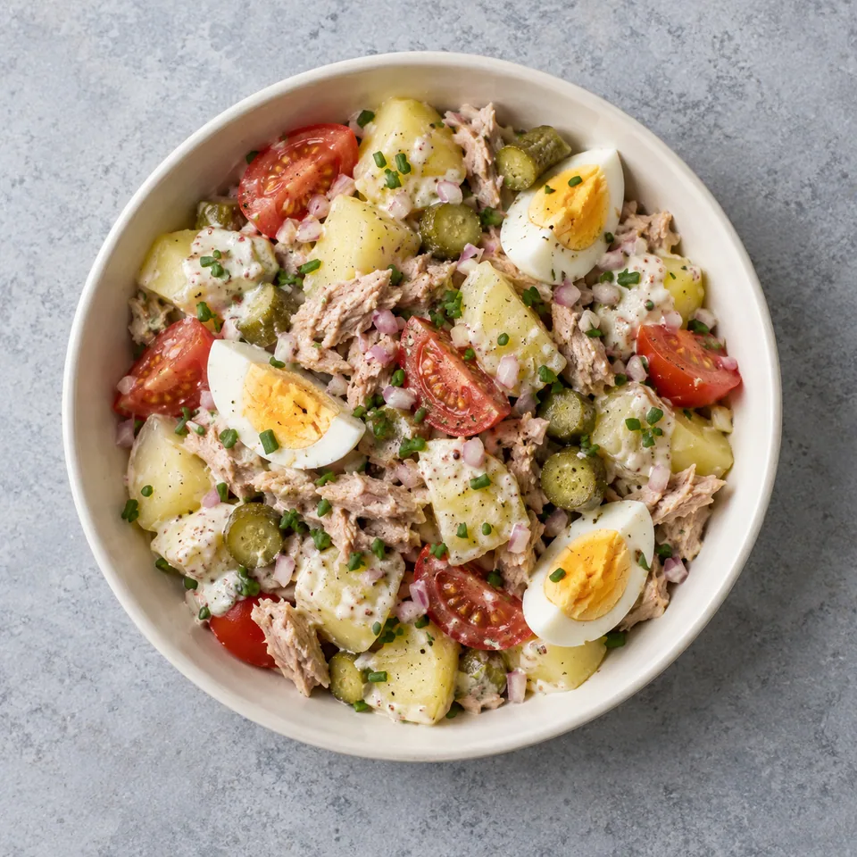 Salade de pommes de terre au thon : pommes de terre, tomates, thon, œuf dur, cornichons et ciboulette en sauce blanche.