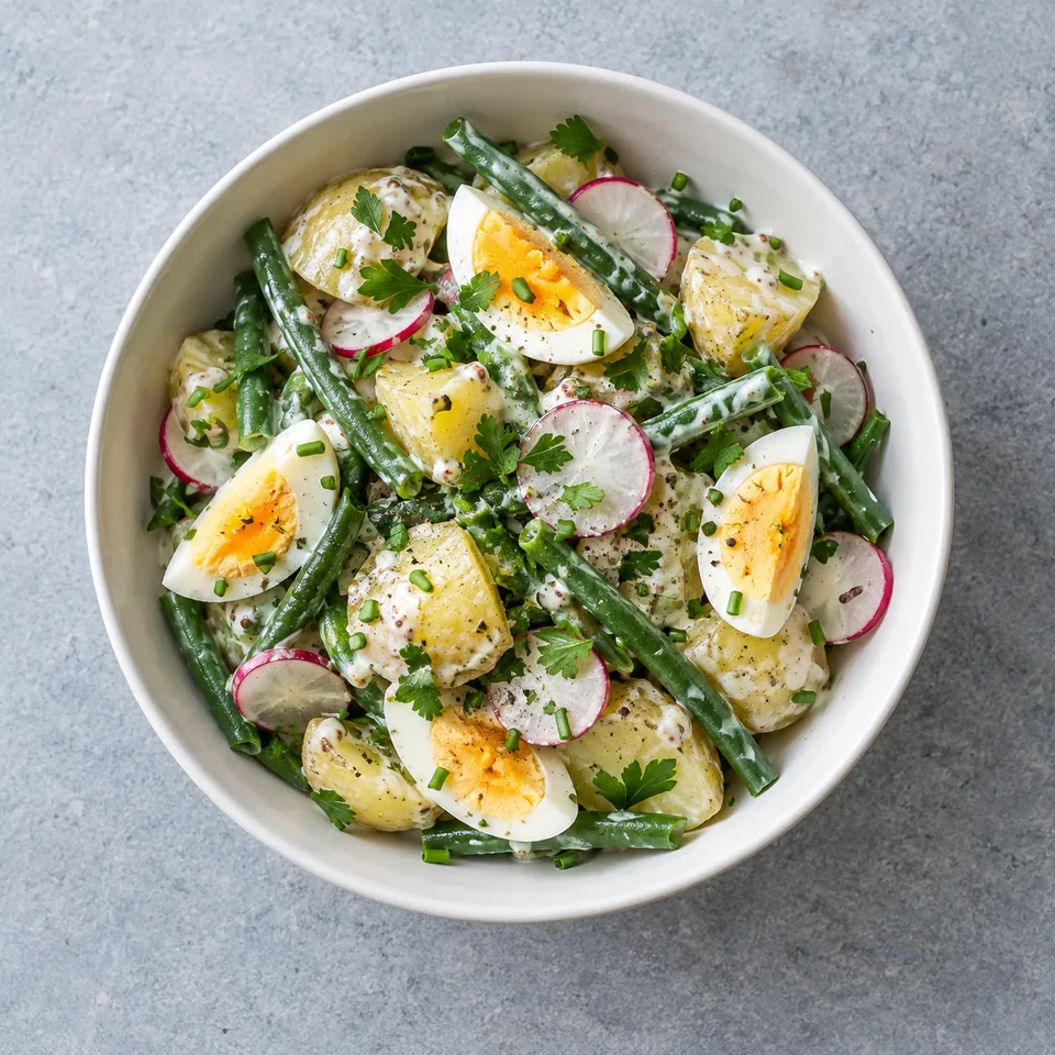 Salade de pommes de terre aux œufs : pommes de terre, haricots verts, œuf, radis et sauce blanche aux herbes.