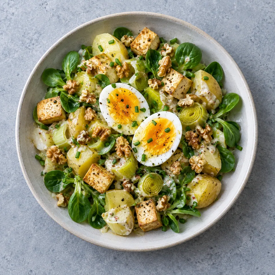 Salade de pommes de terre, poireaux, tofu et mâche, avec un demi-œuf dur, noix concassées et ciboulette.