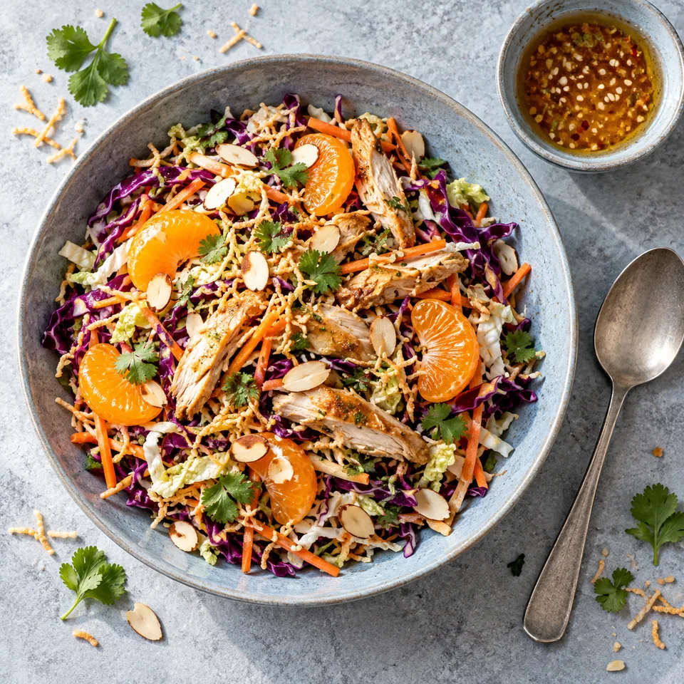 Salade de poulet, chou et mandarine dans une assiette creuse bleu-gris, garnie de vermicelles et amandes.