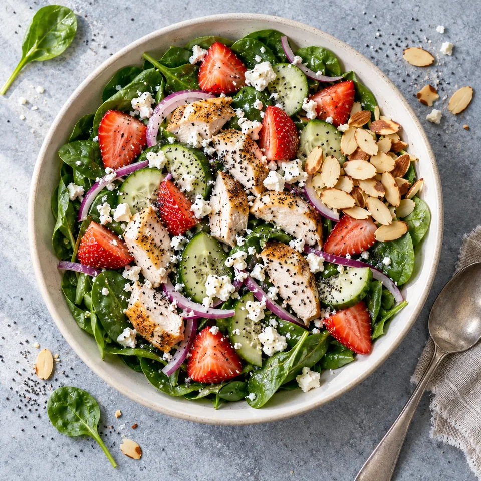 Salade de poulet, fraises et épinards dans un bol blanc cassé, avec poulet, fraises rouges, concombre vert, oignon rouge, feta blanche et amandes dorées.
